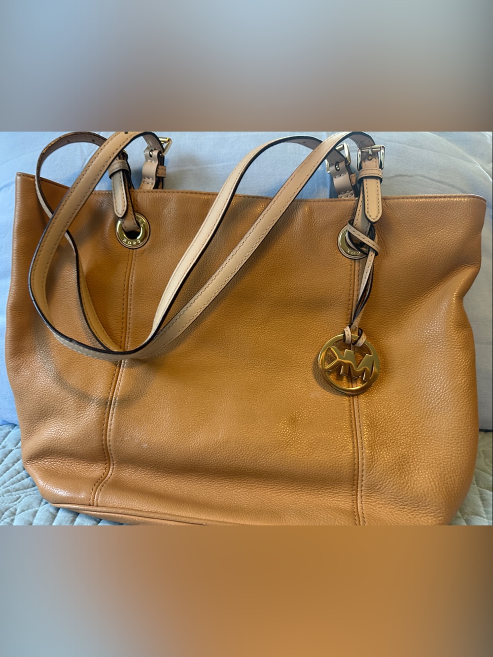 Michael Kors Tan Leather Shoulder Tote with Gold-Tone Logo